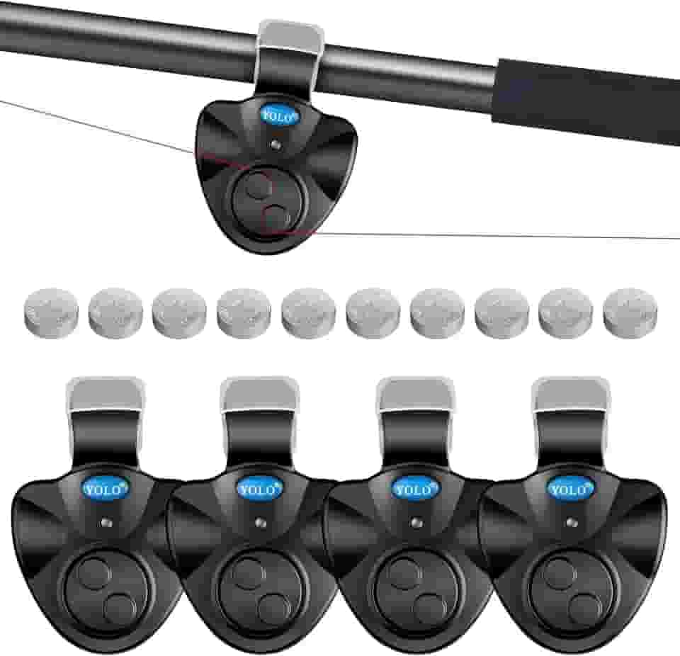 Alarme de mordida de pesca com 4 peças com 10 baterias sobressalentes, alarmes eletrônicos de pesca, alarmes de mordida para varas de pesca com alarme sonoro sino, luz LED, indicador de alarme de