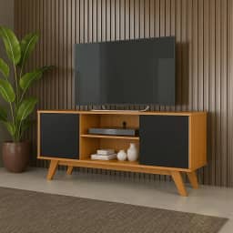 Rack Turim Estante Multifuncional Para Sala de Estar com Prateleira, Porta e Organizador (Cedro/Preto)