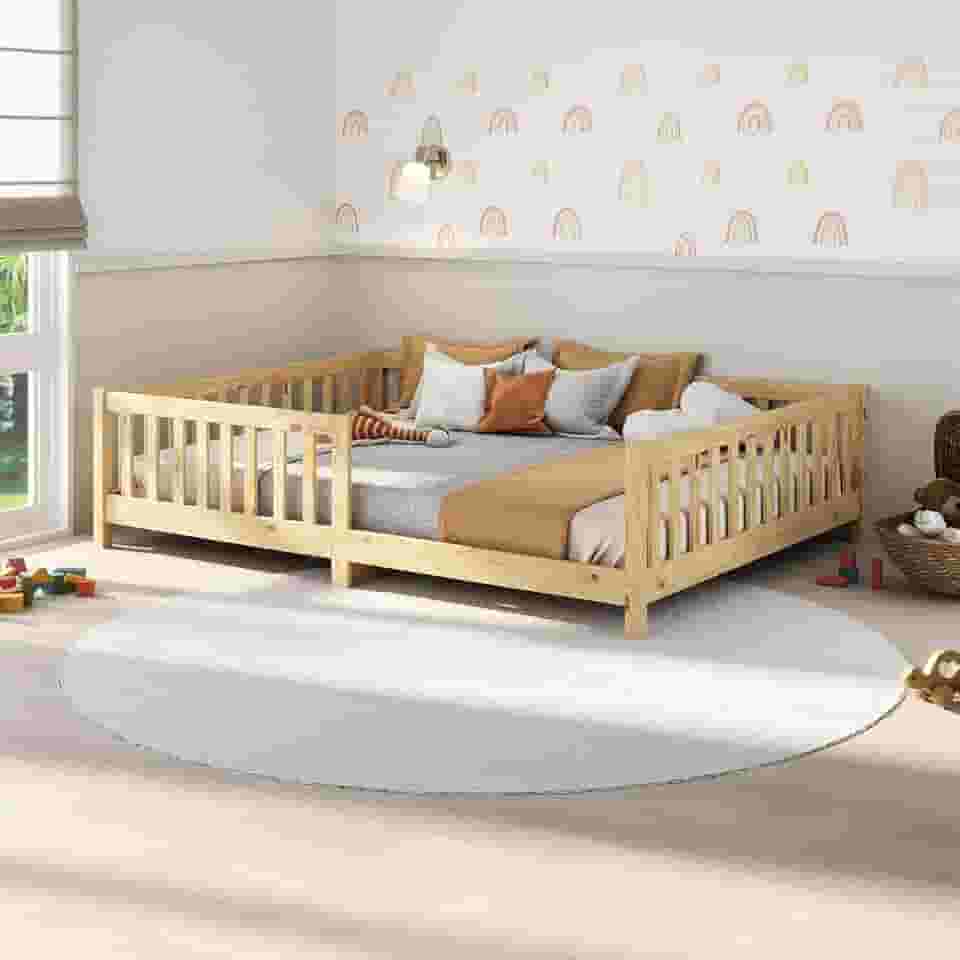 IDIMEX Cama Montessori Casal Infantil Grade Madeira Chão Natural Eva