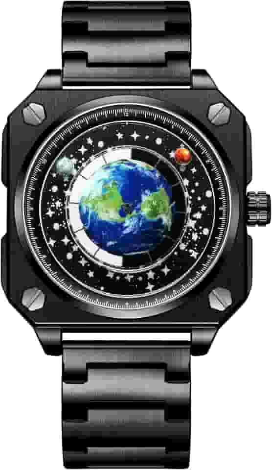 Relógio de pulso masculino com mapa do mundo à prova d'água 30 m, com globo da terra, lua e sol, giratório, atraente, exclusivo, mostrador quadrado, com caixa de presente