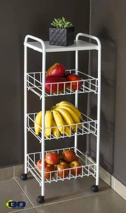 Fruteira de Chão 3 Andares Organizadora c/Rodinhas e Cesto Removível Branca - By K80