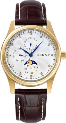 Relógio masculino multifuncional de quartzo com calendário e fases da lua – caixa de aço inoxidável e pulseira de couro