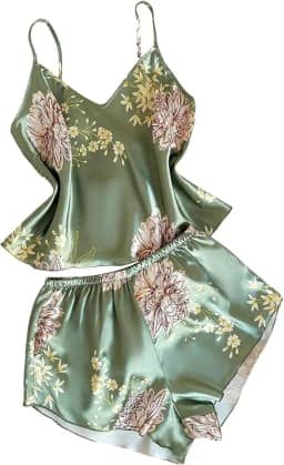Conjunto de pijama feminino de cetim floral com gola V e short de seda