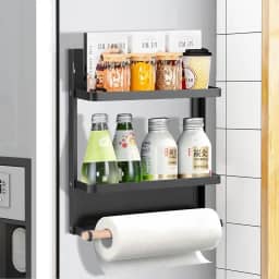 Suporte Organizador Magnético Porta-Temperos, Prateleira Magnética com Suporte de Toalha de Papel, Magnético para Temperos para Geladeira, Organizador de Ímã de Geladeiracom 2 Ganchos Móveis