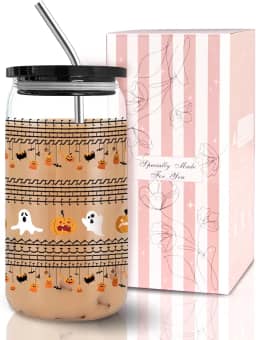 Caneca de café com mensagem oculta fantasma de Halloween – Copo de vidro assustador de 473 ml com canudo e tampa design sarcástico secreto engraçado, presentes de Halloween para amigos, família e