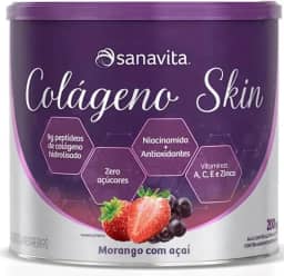 Colágeno Skin Para Pele Cabelos e Unhas - Colágeno Em Pó Hidrolisado Skin 200g - Sanavita (Morango com Açaí)