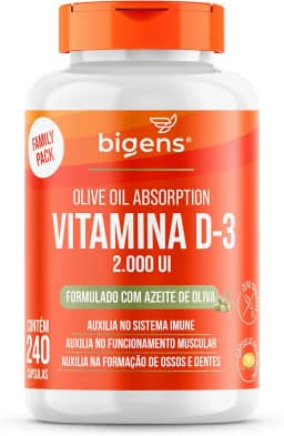 Vitamina D3 Olive Oil Absorption, 2000UI, Formulado com Azeite de Oliva, cápsulas gelatinosas, Bigens. (240 Cápsulas)