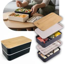 Marmita Bento Box 2 Divisórias Tampa Bambu Natural com Talheres Premium Livre de BPA para Micro-ondas e Lava-louças Leve Prática e Ecológica para Viagem Academia Trabalho Faculdade Escola
