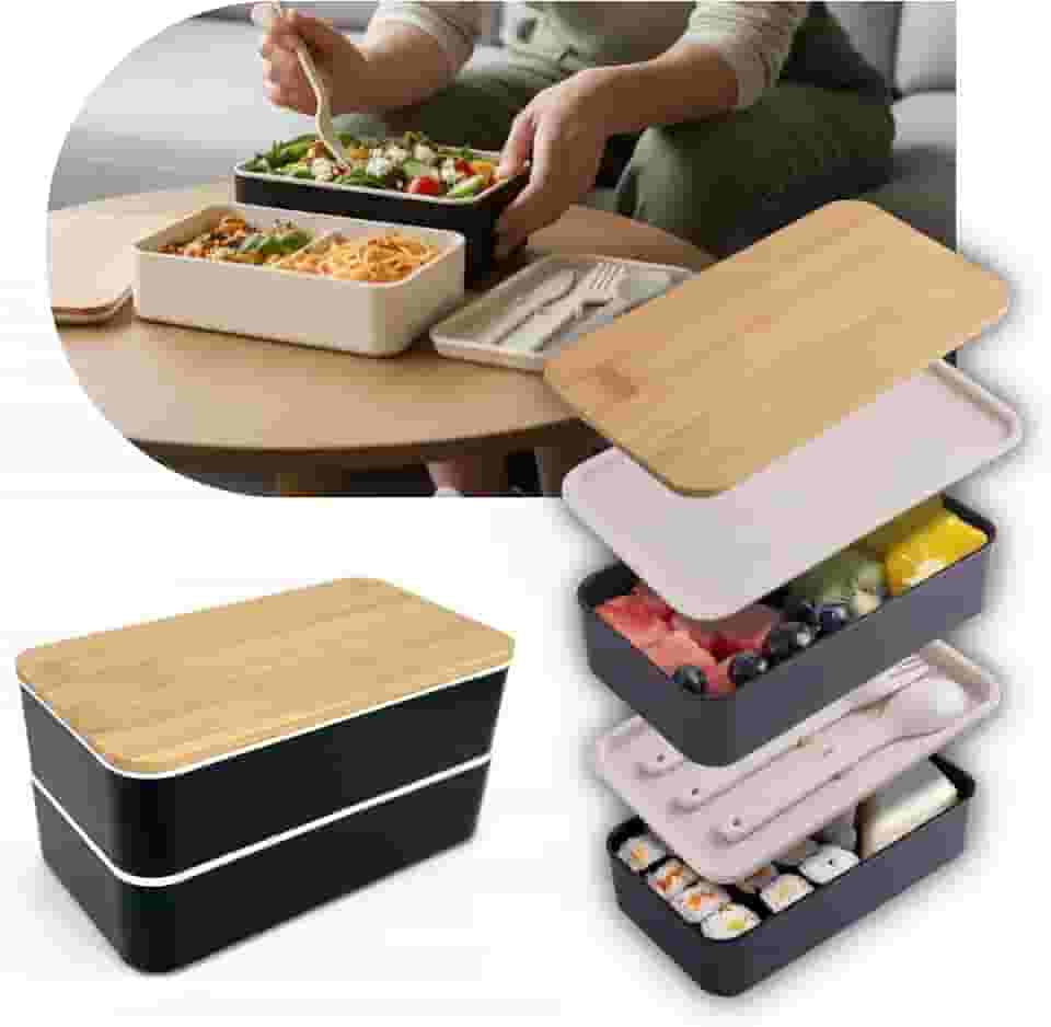 Marmita Bento Box 2 Divisórias Tampa Bambu Natural com Talheres Premium Livre de BPA para Micro-ondas e Lava-louças Leve Prática e Ecológica para Viagem Academia Trabalho Faculdade Escola