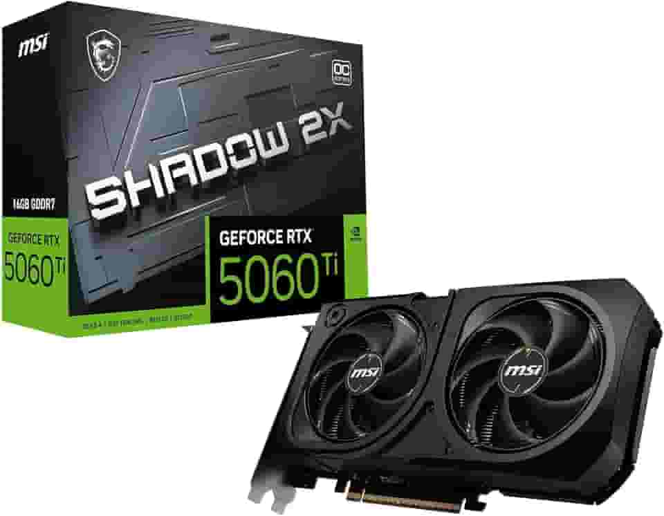 MSI Placa gráfica GeForce RTX 5060 Ti 16G SHADOW 2X OC PLUS - GPU RTX 5060 Ti, 16GB GDDR7 (28Gbps/128-bit), PCIe 5.0 - Design térmico de ventilador duplo (2 x ventoinhas STORMFORCE) - HDMI 2.1b