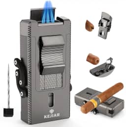 Isqueiro Maçarico para Charutos, Isqueiro Butano Recarregável À Prova de Vento com Cortador Em V para Charutos, Furador para Charutos, Suporte para Charutos, Intensificador de Tiragem de Charut