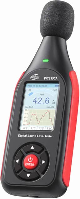 Benetech Medidor de decibéis, monitor de leitor de nível de decibéis de som e ruído, medidor SPL de 30 dB a 130 dB(A) com gravação, alarme visual, peso A/C, recarregável para casa, sala de aula