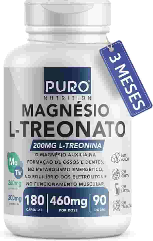 Magnésio L-Treonato Puro Nutrition + Quelato, Alto Teor de Magnésio por Porção, 180 Cápsulas