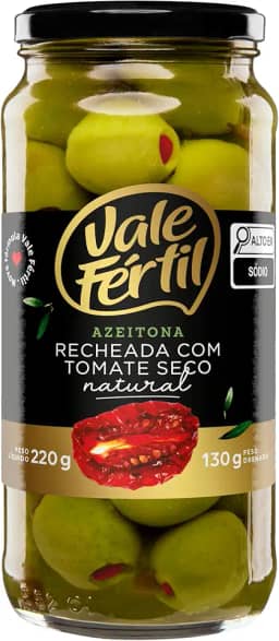 Azeitona Verde em Conserva com Recheio de Tomate Seco Vale Fértil Vidro 130g
