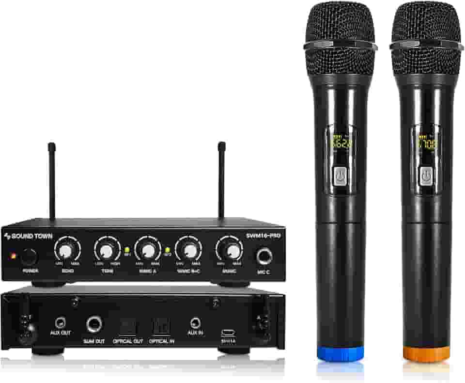 Sound Town Sistema de mixer de Karaokê com microfone sem fio de 16 canais com microfones ópticos (Toslink), AUX e 2 portáteis - Suporta Smart TV, Home Theater, barra de som (SWM16-PRO)