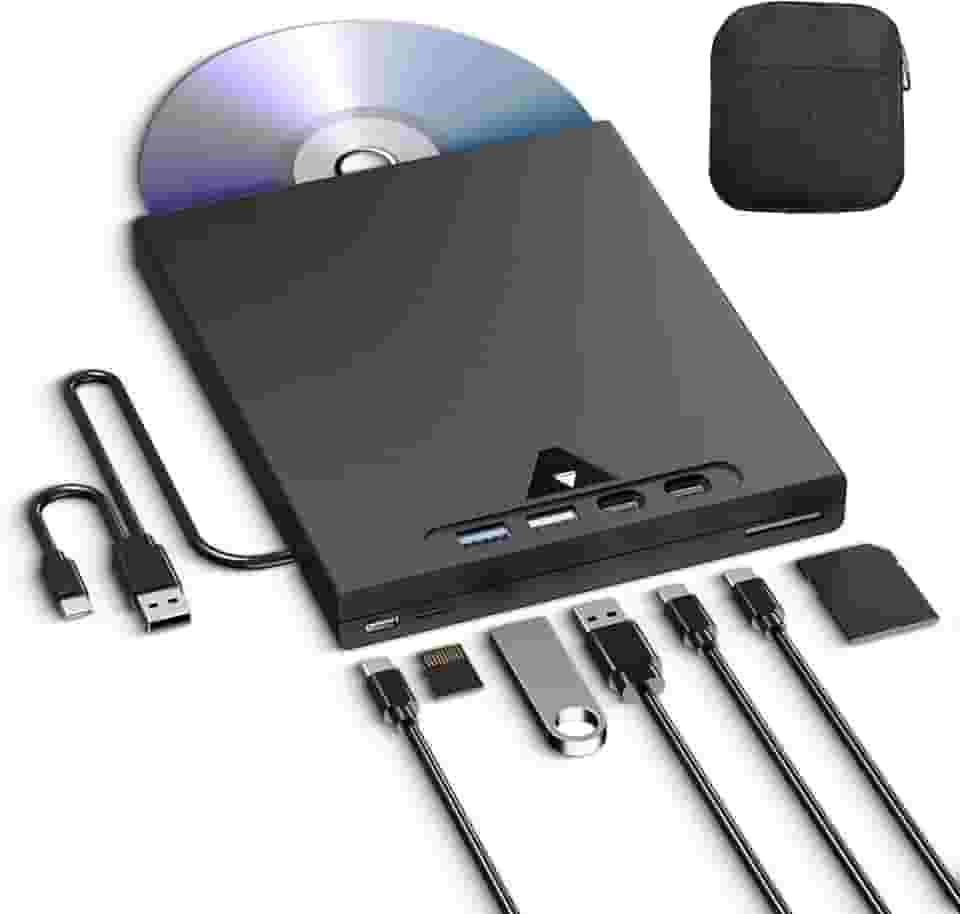 Unidade Blu Ray externa para laptop, 7 em 1, suporta discos de leitura/gravação de 100 G, unidade de Blu-Ray externa portátil para PC com USB 3.0 Tipo-C, gravador Blu-Ray 3D com bolsa para Windows