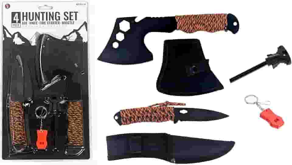 SE Kit essencial de sobrevivência de 4 peças com machado de 26 cm, faca de ponta de gota de 20 cm, acionador de fogo de magnésio e apito de 115 dB - equipamento de caça e uso ao ar livre