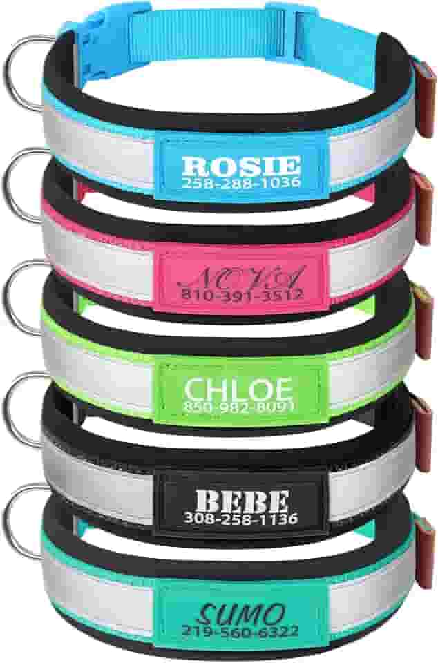 Coleira de cachorro personalizada, coleira de identificação personalizada com nome do animal de estimação e número de telefone, coleira de nylon refletiva ajustável - coleira acolchoada macia de 5