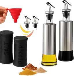 Kit Galheteiro para Azeite e Vinagre com Saleiro e Pimenteiro Preto, Funil Retrátil de Silicone e Bico Dosador com Fluxo Controlado para Cozinha Gourmet
