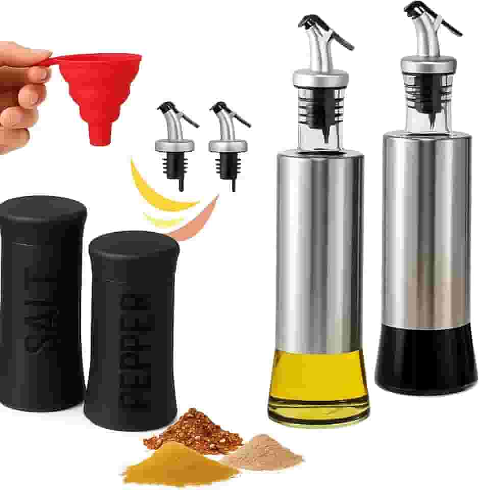 Kit Galheteiro para Azeite e Vinagre com Saleiro e Pimenteiro Preto, Funil Retrátil de Silicone e Bico Dosador com Fluxo Controlado para Cozinha Gourmet