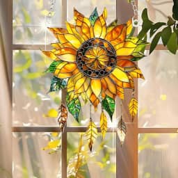 1 apanhador de sonhos de girassol colorido acrílico para pendurar, decoração de janela de 18 cm com design de vitral impresso, arte de parede de arco-íris, ideia de presente e ornamento de jardim, uso