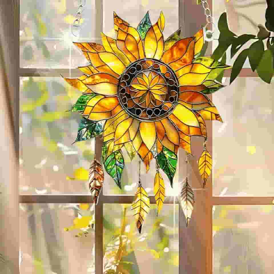 1 apanhador de sonhos de girassol colorido acrílico para pendurar, decoração de janela de 18 cm com design de vitral impresso, arte de parede de arco-íris, ideia de presente e ornamento de jardim, uso