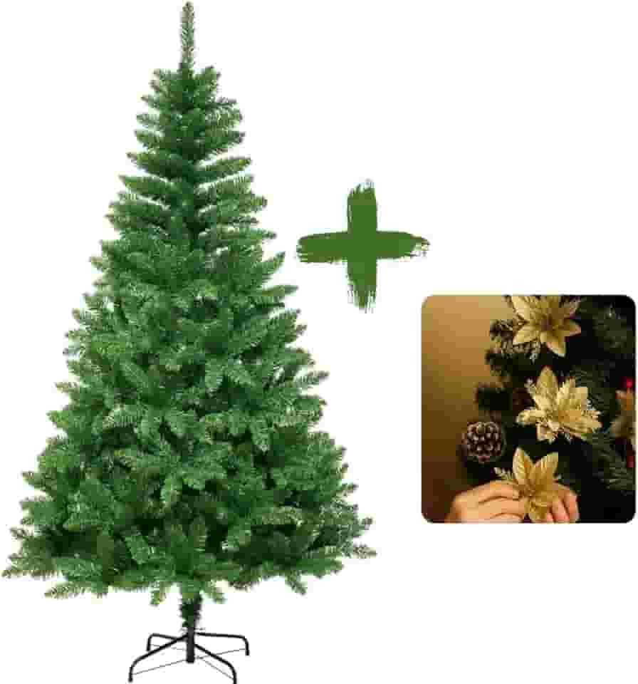 Árvore de Natal Tradicional, 2,10m, 1150 Galhos, com Flores Douradas Decorativas