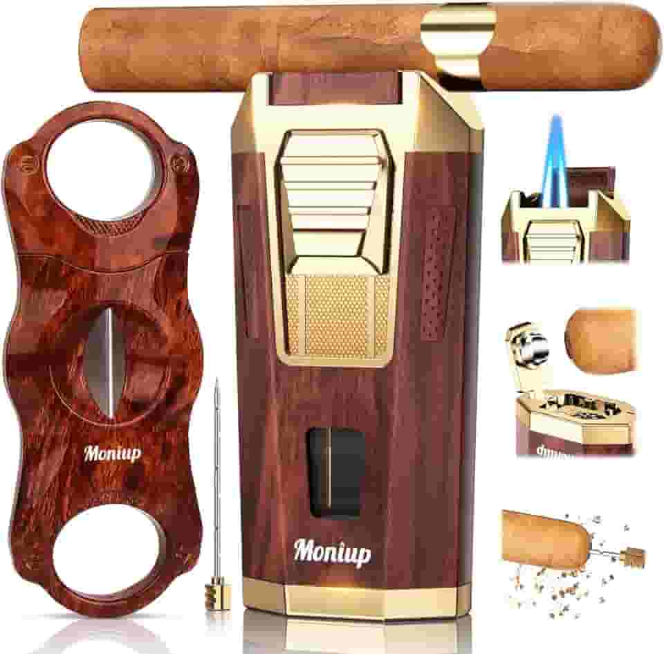 Moniup Isqueiro De Maçarico 4 Em 1, Com Conjunto De Cortador De Charuto Em V, Furador De Charuto Integrado, Suporte De Charuto E Intensificador De Tiragem, Acessórios Para Charutos, Presentes Para H