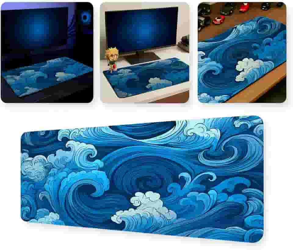 Mouse Pad Gamer Profissional 60x30 Impermeável Anti-derrapante Lavável Bordas Costuradas Premium Setup Gamer Cs (Azul Ondas)