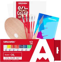 AUREUO Conjunto de tinta a óleo - Kit de pintura a óleo com tintas a óleo de 12 cores, 22 x 30,5 cm / 2 pacotes de quadros de tela, 5 pincéis, paleta de madeira e faca de pintura - Materiais de
