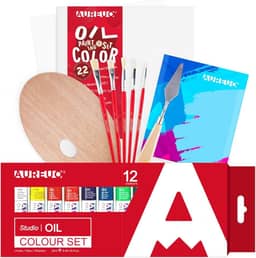 AUREUO Conjunto de tinta a óleo - Kit de pintura a óleo com tintas a óleo de 12 cores, 22 x 30,5 cm / 2 pacotes de quadros de tela, 5 pincéis, paleta de madeira e faca de pintura - Materiais de