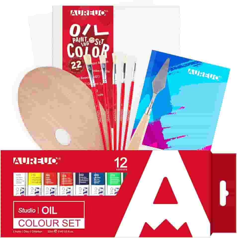 AUREUO Conjunto de tinta a óleo - Kit de pintura a óleo com tintas a óleo de 12 cores, 22 x 30,5 cm / 2 pacotes de quadros de tela, 5 pincéis, paleta de madeira e faca de pintura - Materiais de
