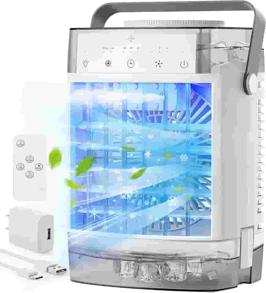 Condicionadores de Ar Portáteis, Mini AC Pessoal Evaporativo Refrigerador de Ar, 3 Velocidades do Vento, Temporizador 2-4-8H, 3 Modos, Luz Noturna Colorida, AC Portátil para Quarto, Carro, Quarto