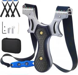 Timbocca estilingue, estilingue de aço inoxidável para adultos, tiro para prática de caça e tiro, vem com 3 faixas de borracha planas e um estojo de armazenamento