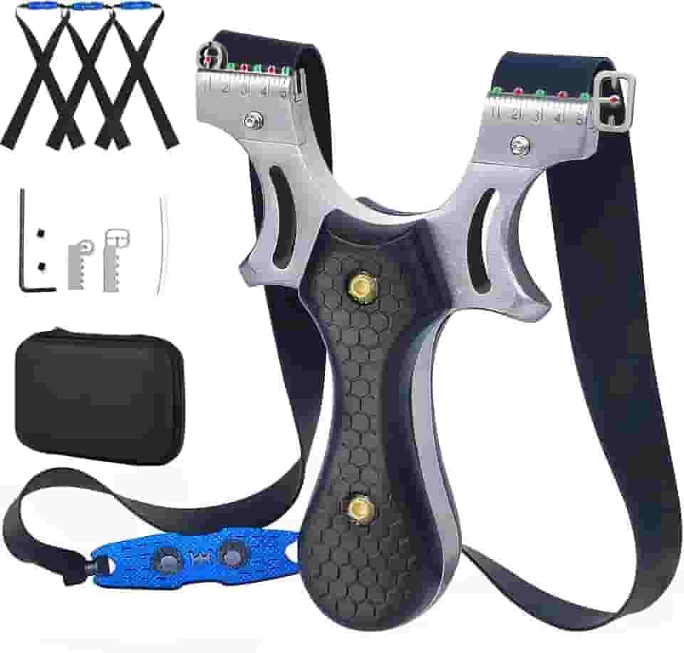 Timbocca estilingue, estilingue de aço inoxidável para adultos, tiro para prática de caça e tiro, vem com 3 faixas de borracha planas e um estojo de armazenamento