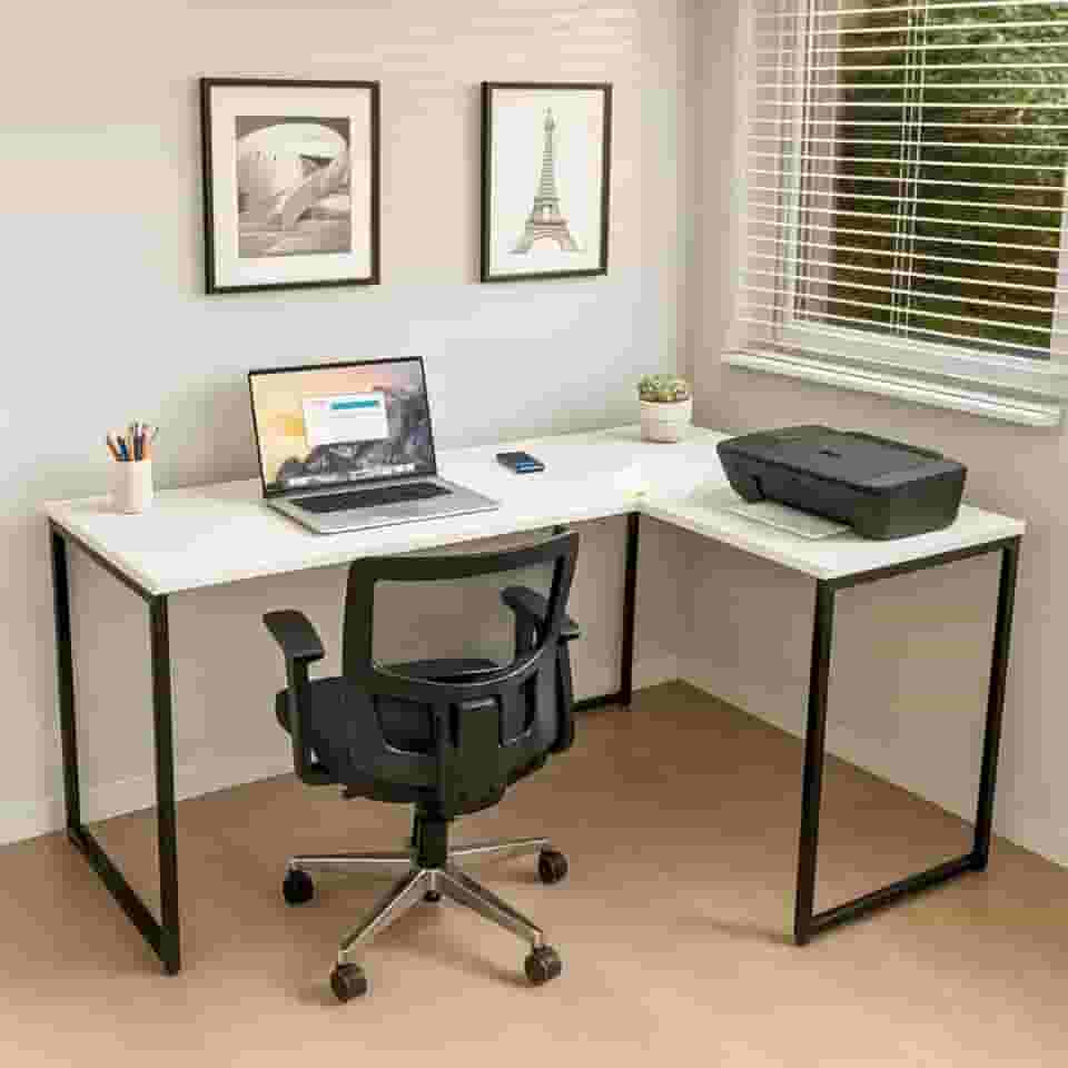 Mesa Escritório Escrivaninha Industrial em L de canto, 130x100, 100% MDF Premium Branco com Base em Aço