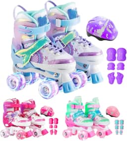 Patins 4 Rodas Infantil Ajustável Led + Kit Proteção
