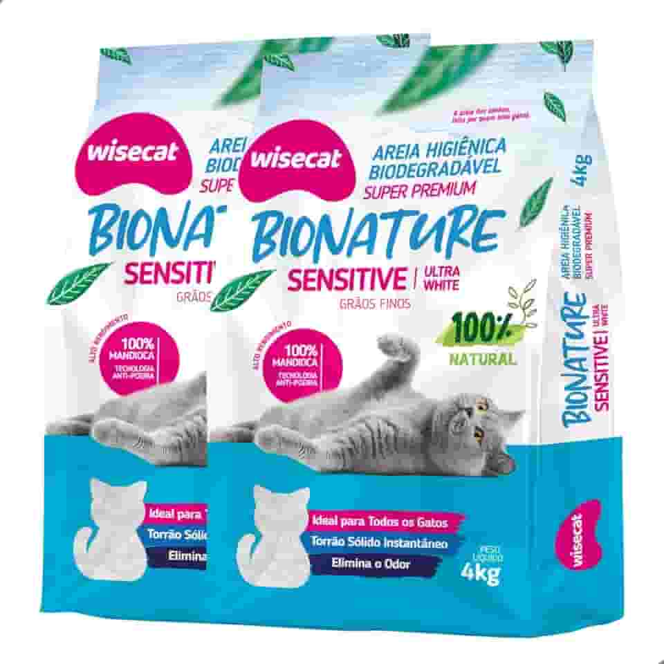 Kit 2 Areia Higiênica Biodegradável Grãos Finos 4kg Para Gatos Sensitive Sanitária BioNature Super Premium Mandioca Natural