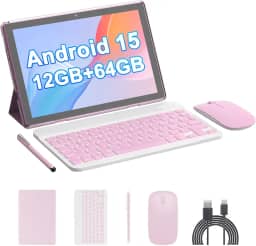 Tablet Android 15 de 10 polegadas, 12 (4 + 8 expansão) GB de RAM + 64 GB de ROM, câmera dupla de 2 + 8 MP, bateria de 6000 mAh (tablet + estojo + caneta stylus + beyboard + mouse) (rosa)