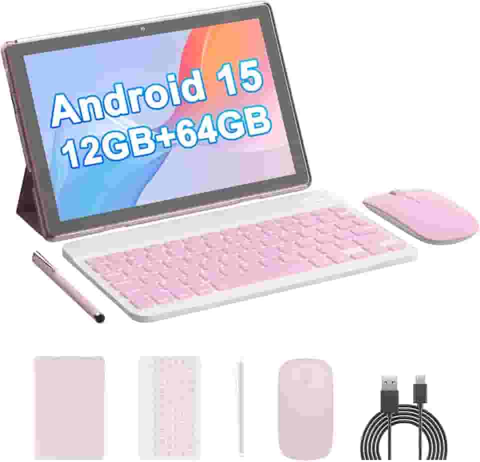 Tablet Android 15 de 10 polegadas, 12 (4 + 8 expansão) GB de RAM + 64 GB de ROM, câmera dupla de 2 + 8 MP, bateria de 6000 mAh (tablet + estojo + caneta stylus + beyboard + mouse) (rosa)