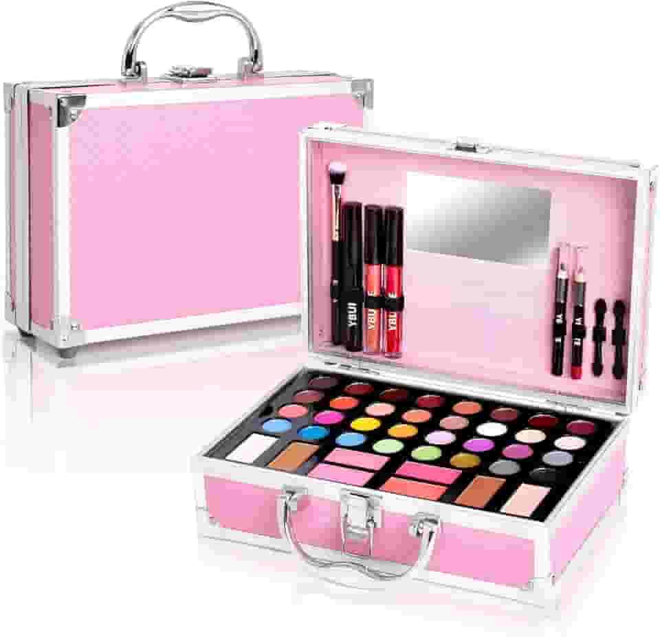 YBUETE Kit de maquiagem para iniciantes para adolescentes, conjunto de maquiagem para meninas e mulheres, kit de maquiagem iniciante com estojo cosmético incluído 32 cores sombra blush contorno labial