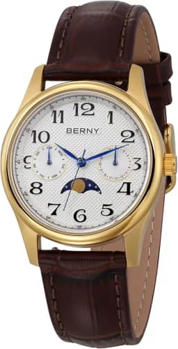 Relógio feminino dourado com fases da lua, relógio de pulso de quartzo, fácil leitura, numerais arábicos, mostrador multifuncional, analógico, caixa de aço inoxidável, com calendário de data e