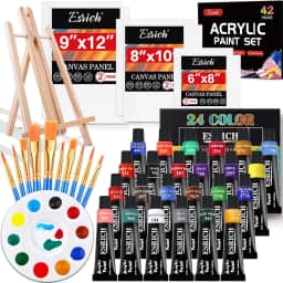 ESRICH Conjunto de Tela de Tinta Acrílica, Kit de Pintura Profissional Premium de 42 Peças com 1 Cavalete de Madeira, 24 Cores, 10 Pincéis, 6 Telas, Kit de Materiais de Pintura para Crianças, Estudant
