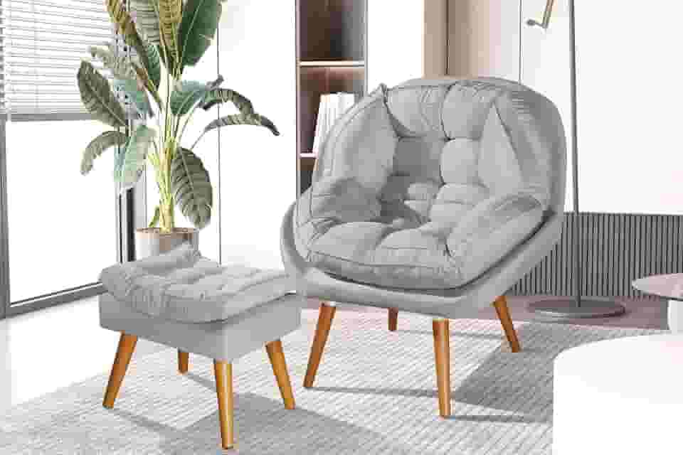 Poltrona+Puff Sênior Com Pés De Madeira Cinza