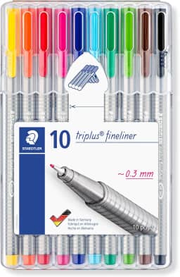 STAEDTLER Caneta Ponta Fina Triplus Fineliner 0.3mm STAEDTLER Box 10 Cores Sortidas - 334 SB10 - Corpo Ergonômico Triangular – Ideal para Escrita e Bullet Journal