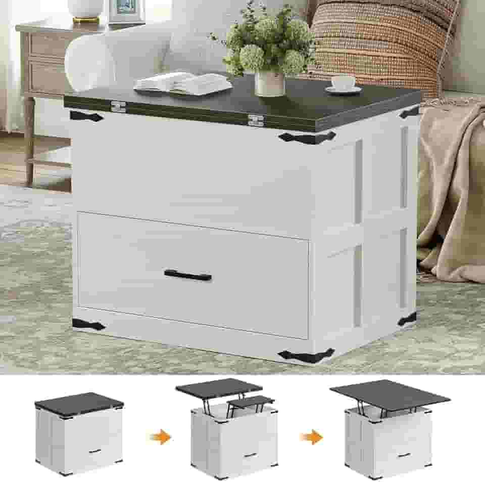 FABATO Mesa de centro elevatória, mesa de centro de fazenda, mesa de centro conversível com armazenamento e gaveta, mesa central multifuncional se converte em mesa de jogo de jantar para sala de