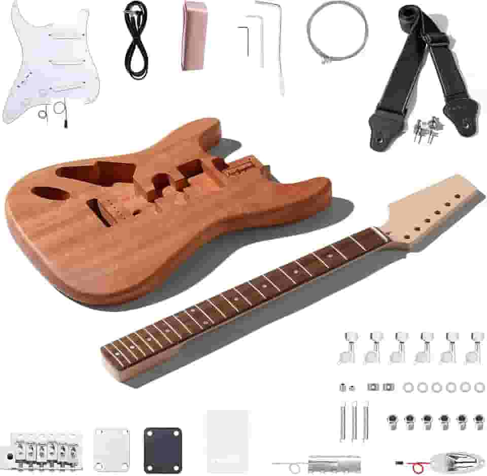 Leo Jaymz Kits de guitarra elétrica estilo esquerdo DIY ST com corpo de mogno e pescoço de bordo - escala de madeira de louro e todos os componentes incluídos (ST canhoto)