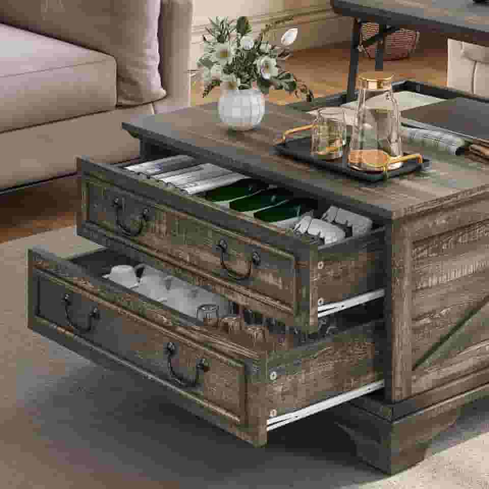 MOASIS Mesa de centro quadrada de 80 cm com mesa elevatória, mesa de centro de fazenda para sala de estar, escritório em casa, mesa central com gavetas de armazenamento e compartimento oculto,