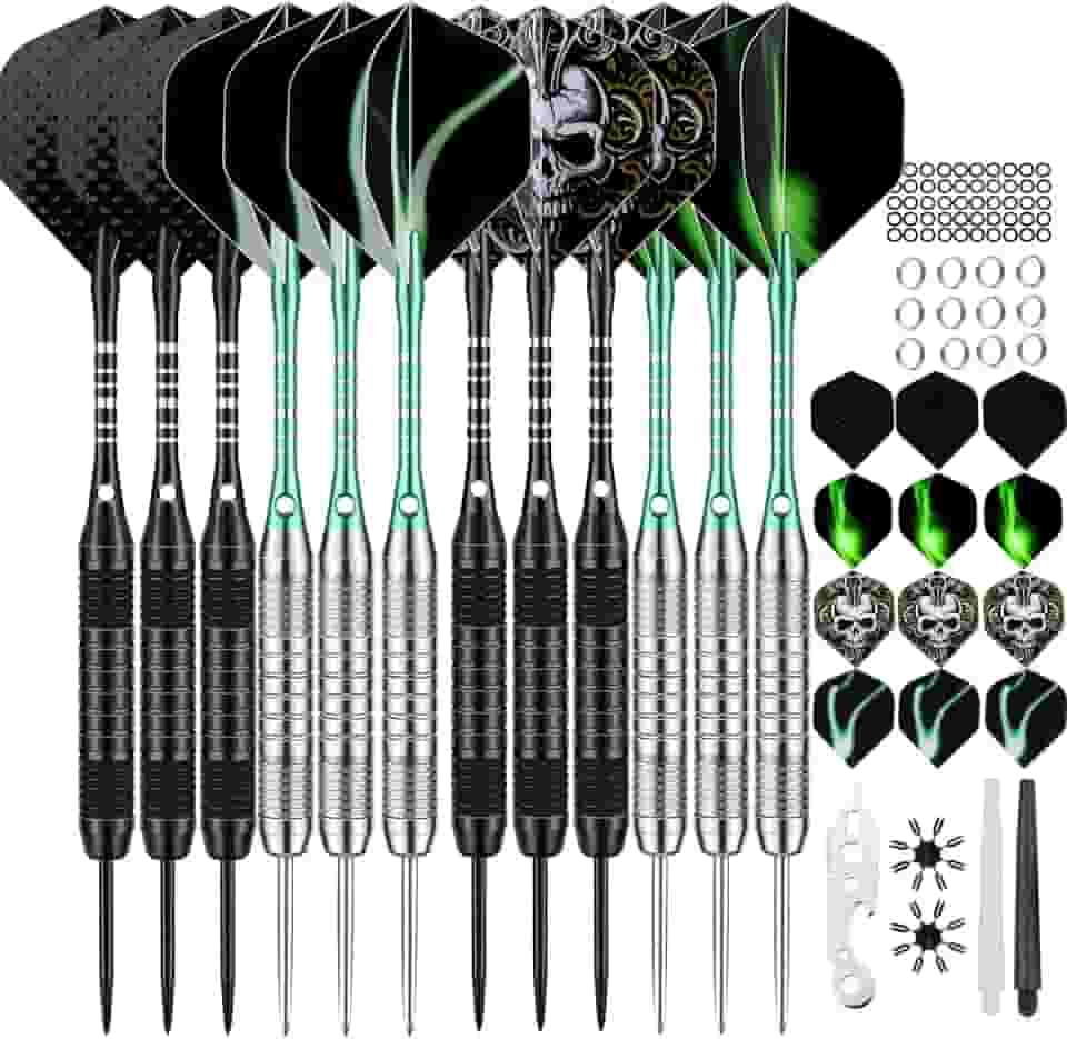 Conjunto de 12 dardos de metal com ponta de metal 22/24 gramas, dardos de ponta de aço para alvo com eixos de alumínio premium, 50 anéis extras de borracha 6 eixos de nylon, 24 voos, 12 anéis de mola, 16 protetores de voos, 1 kit de ferramentas
