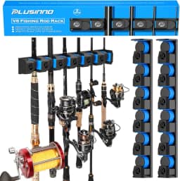 PLUSINNO V6 Suporte vertical para vara de pescar/vara, suporte extra grande e pesado para vara de pesca e carretel, suportes de vara de pesca para garagem, organizador de armazenamento de vara de pesca montado na parede com segurança